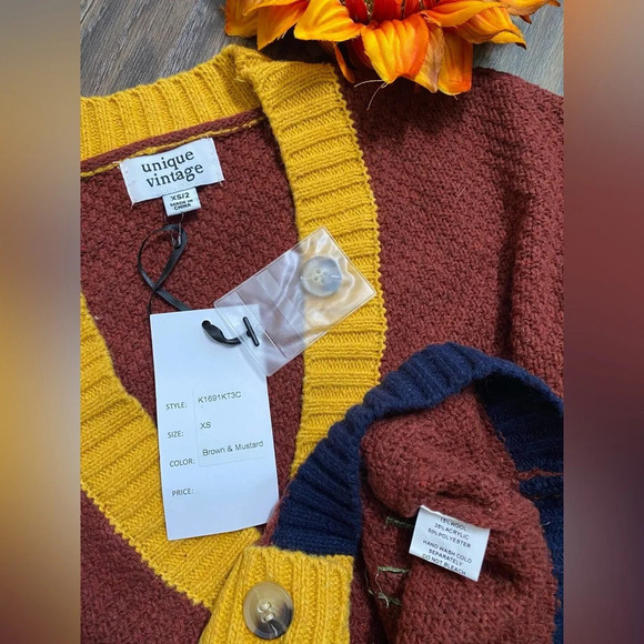 🦋B2G1🦋UNIQUE VINTAGE Flower Pocket 40's Cardigan Brown Navy NWT - Picture 8 of 10